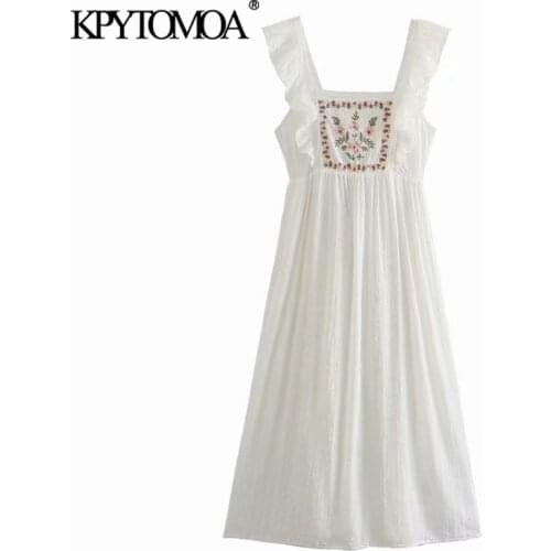 KPYTOMOA Women 2021 Fashion With Lining Floral Embroidery Midi Dress Vintage Back Bow Tied Ruffled Straps Female Dresses Mujer