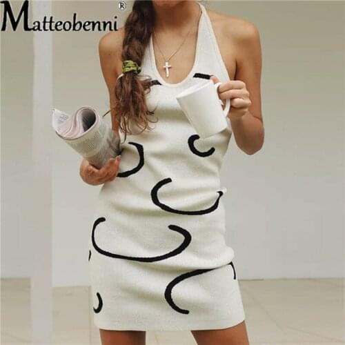 2021 Fashion Knitted Mini Dress Women Halter Neck Backless White Print Sleeveless Summer Beach Bodycon Sexy Stretch Slim Dresses