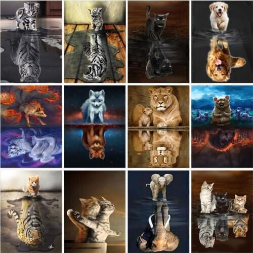 Animals Cat Elephant Reflection Pictures Canvas Poster Wall Art Print Nursery Painting Nordic Decor Picture Kid Bedroom Cuadros