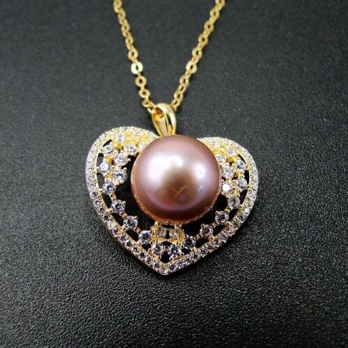 14K Yellow Gold Plated 925 Sterling Silver Jewelry Heart Shaped Halo CZ Women Necklace Natural Pearl Pendant Necklace