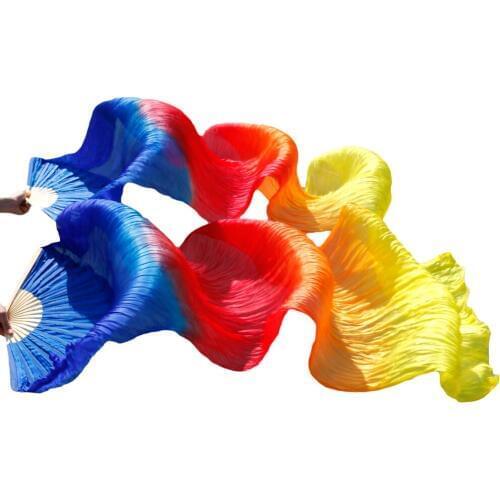 High Quality 100% Silk Handmade Dyed Belly Dance Fans Bamboo Ribs Long Silk Dance Fans 1Pair Royal blue+Red+Orange+Yellow 180x90