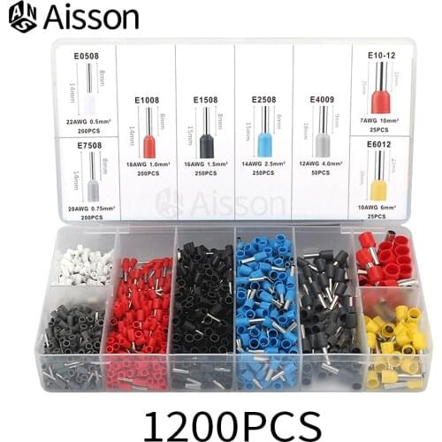1200PCS AWG 22-10 Tubular Terminal Wire Copper Crimp Connector Box-Packed E0508 E1008 E1508 E2508 E4012 E7508