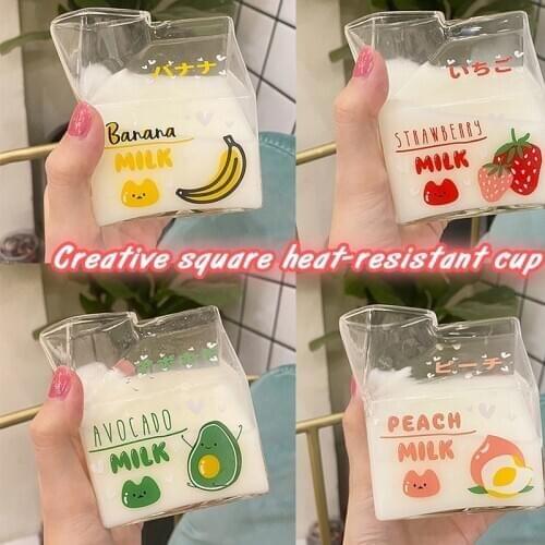 380ml Kawaii Milk Glass Cup Creative Square Clear Milk Carton Water Bottle Cute Fruit Heat Resistant Breakfast Cups