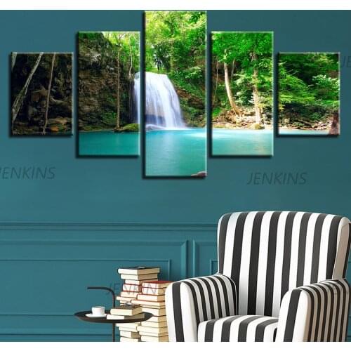 5 Pieces Landscape Forest and Tree Waterfall Natural Scenery Wall Pictures for Living Room Color Painting Art Home Decoration