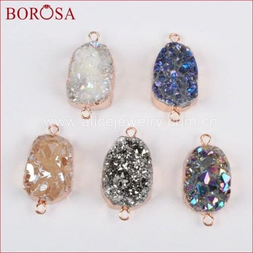BOROSA 10PCS Rose Gold Color Rainbow Titanium Druzy Connectors Fashion Agates Drusy Double Charms for Bracelet Necklace R1036