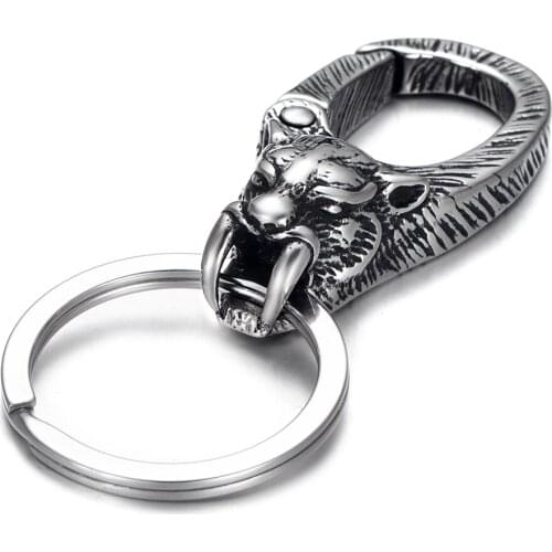 Stainless Steel Key Chains Liger Head Spring Fastener Key Ring Unique Car Keychain Key Finder Mens Accessories