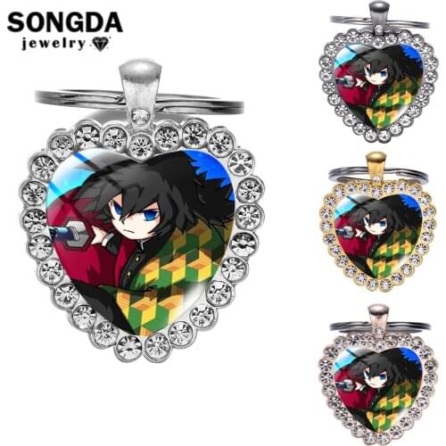 SONGDA Demon Slayer Heart Bling Crystal Keychain For Women Glass Dome Rhinestone Pendant Key Chains Ring Anime Lovers Bag Charms
