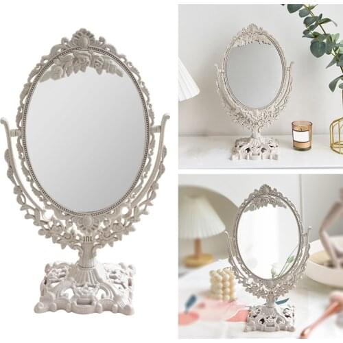 Decorative Vintage Tabletop Mirror, Retro Vanity Makeup Mirror Embossed Antique Oval Mirror for Bedroom, Bathroom Decor