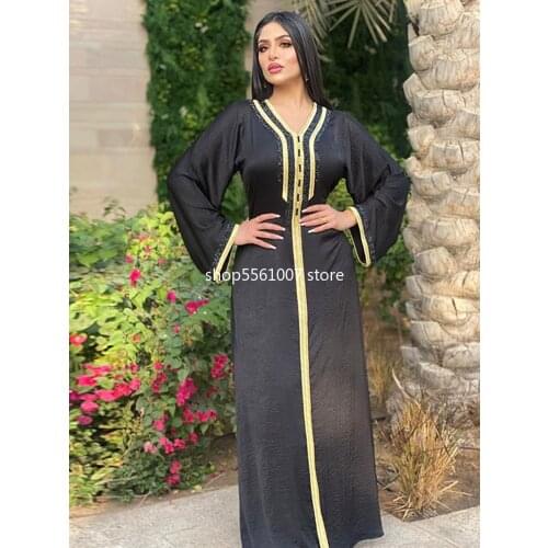 Dubai Abaya Dress Jalabiya Fashion for Women Elegant Rhinestones Ribbon Hijab Robe Moroccan Kaftan Islam Arabic Turkey Clothes