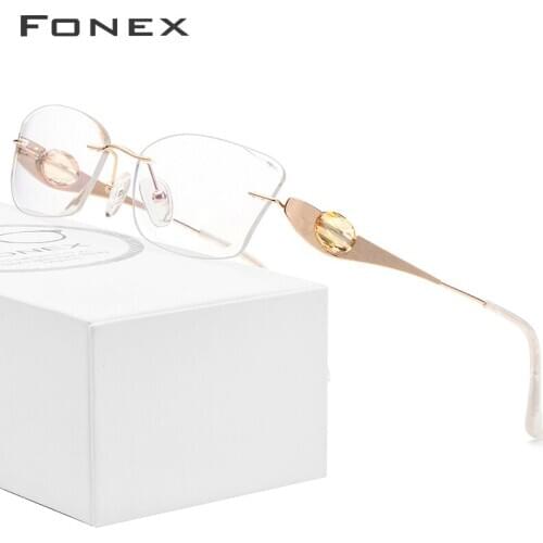 FONEX Wire Titanium Rimless Glasses Women Luxury Brand Designer High Quality Optical Diamond Prescription Eyeglasses Frame 7715