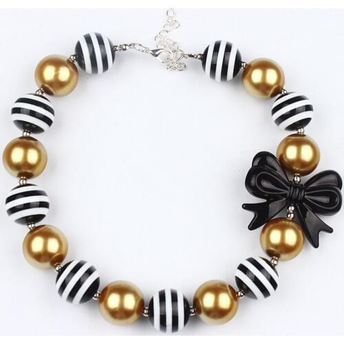 Cute Gifts For Infant Girls Black Bow Knot Chunky Bubblegum Necklace 20mm Stripe Gold Beads Strand Necklace Dress Up Jewelry
