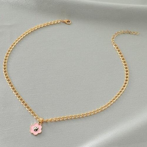 New Arrival Hip Hop Gold Chain Jewelry Necklace for Women Pink Enamel Flower Ethnic Yin Yang Pendant Jewelry for Girls