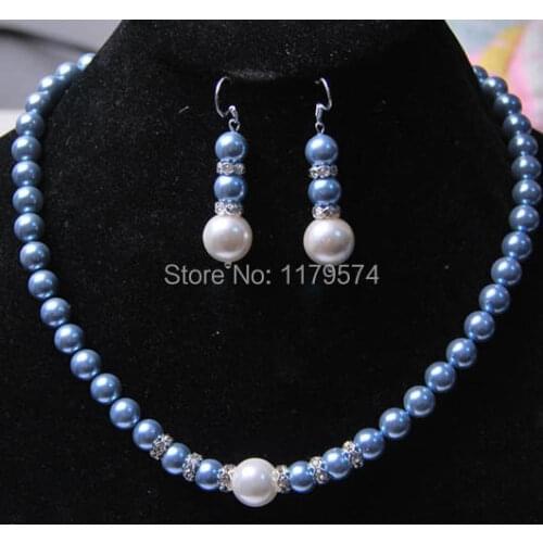 New ladies fashion jewelry beautiful unique 8-12MM Blue Sea Shell Pearl Necklace +Earrings Hand Made Jewelry Sets AAA sp0381