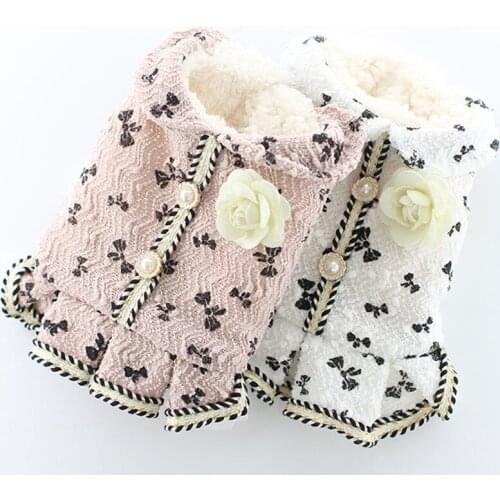 Luxury Dog Jacket Pet Clothing Winter Big Flower Pearl Decor Princess Girls Dog Coat White Pink Dress Overcoat Pet Outfit XS-XXL