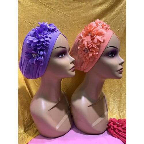 Flower Women Elastic Soft Hijabs Solid Color Easy Cap Muslim Fashion Hijab Chemo Hats Turban Headband Accessories 12pcs/pack