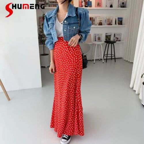 Shumeng 2021 Summer New Red Women Long Skirts Vintage Floral Printted Skirt High Waist Midi Skirt Korean Elegant Skirt Female