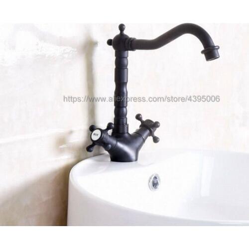 Basin Faucets Black Color Brass Deck Mounted S Bathroom Sink Faucets Double Handle Hot And Cold Water Tap Bnf142