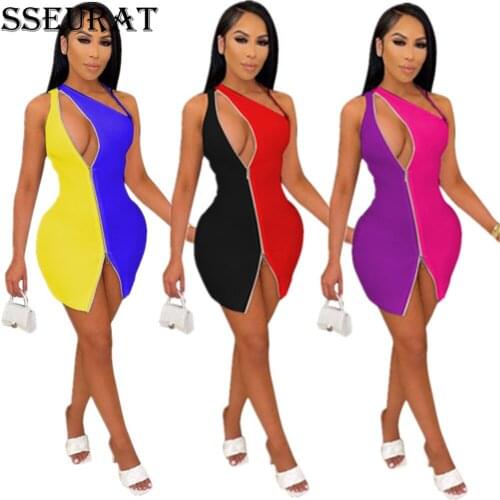 SSEURAT Women Dress Patchwork Zipper Asymmetrica Collar Sleeveless Mini Dresses Sexy Night Clubwear Summer Outfit