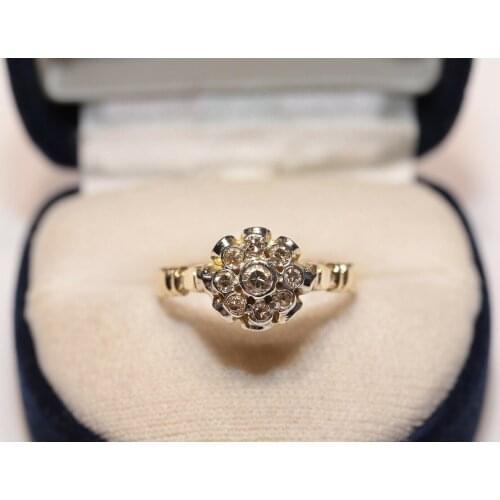OLD ORIGINAL 14K GOLD NATURAL DIAMOND DECORATED PRETTY ROSE STYLE RING