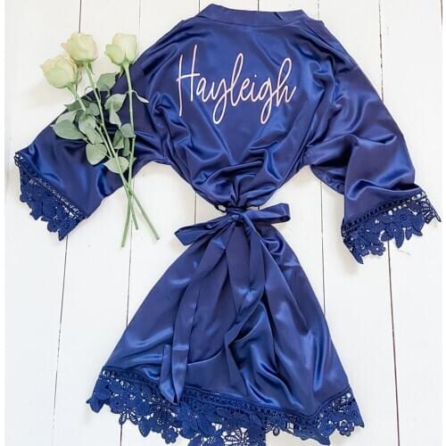 Navy lace silk Bridesmaid Robe, custom bachelorette nightgown,wedding Gift,honeymoon nightwear,Bride peignoir get ready bathrobe