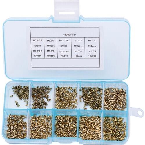1000Pcs/set Tubular Rivets M0.9 M1.3 M1.5 M1.7 Mix Circuit Board PCB Nails Copper Hollow Rivet Nuts Kit