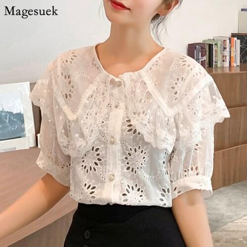 Korean Hollow Out Lace White Shirt Women Short Sleeve 2021 Summer Loose Women Blouse Office Lady Tops Casual Solid Shirts 13608
