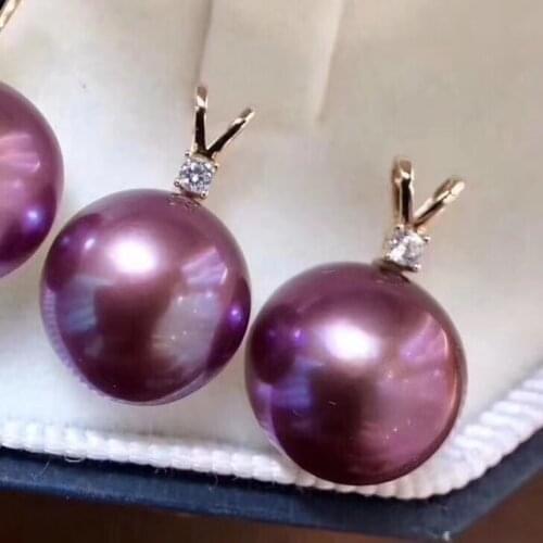 D505 Pearl Pendant Fine Jewelry Solid 18K Gold Round 11-12mm Nature Fresh Water Purple Pearls Pendants Necklaces for Women