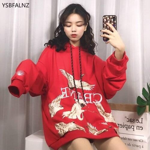 2021 Hoodies Woman Oversized Black Korean Kawaii Clothes Long Sleeve Crane Pattern Sweatshirts Hoody Graphic Roupas Femeninas