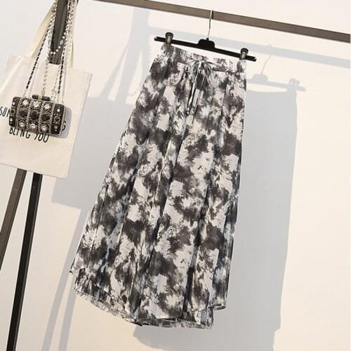 Women Summer Pant Wide Leg Loose Elastic Waist Tie Dye Chiffon Ankle-length Trouser Skirt Comfortable Plus Size Female Trousers