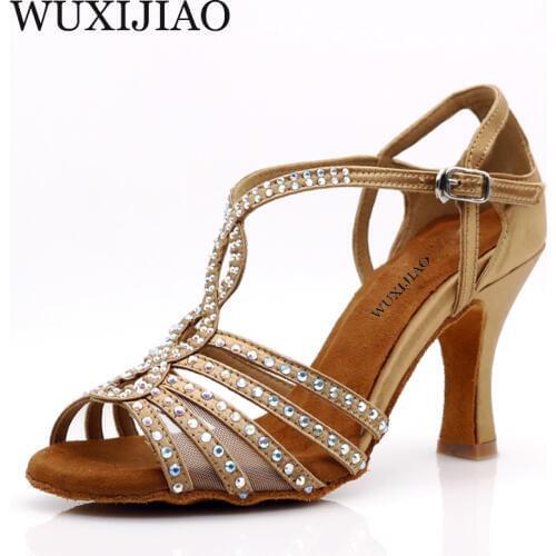 WUXIJIAO Latin dance shoes Women Flash Satin brown wide thin high heel 9cm Salsa Performance Ballroom dancing shoes
