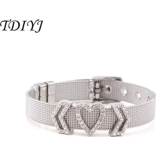 TDIYJ New Style 21cm Mesh Armband Keeper Bracelet Series with Crystal Chevron Cut Out Heart Slide Charms for Women Gift 1Set