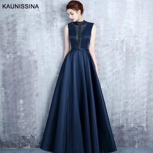 KAUNISSINA Luxury Satin Long Evening Dresses Formal Evening Dresses Elegant Floor Length Beading Vestidos Women Party Gown