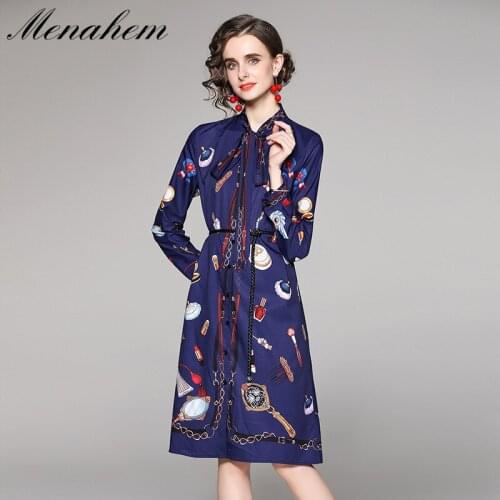 Menahem Fashion Belted Long Sleeve Shirt Dress Women Bow Tie Collar Button Down Sashes Cartoon Chain Print Loose Midi Vestidos