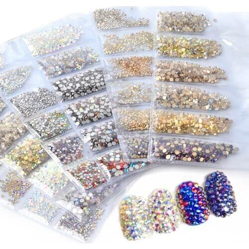 1pack Charm Crystal(ss3-ss10) Nail Art Rhinestone Decorations Mixed 6 Colors Flat-back Glass Gems 3D Manicure Design Accessory