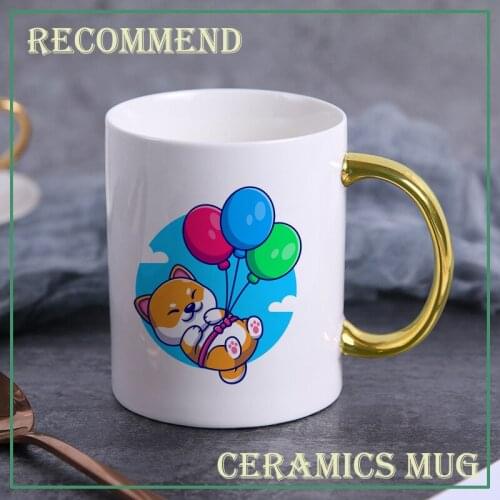 Akita dog and balloon mug golden handle Ceramic Coffee Tea Milk Drinkware Mugs, Personality Cups Coffee Cup gift KTDW-035