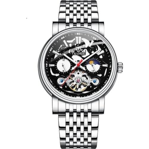 Moon Phase Automatic Self-Wind Tourbillon Watch Men Mechanical Stainless Steel Skeleton Watches Millitary Sport Relogio