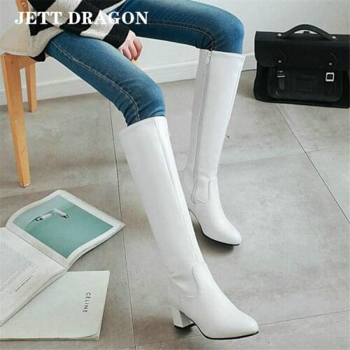 JETT DRAGON Fashion Zipper Knee High Boots Women Soft Pu Leather Thick High Heels Long Boots Autumn Winter Woman Shoes Size 43
