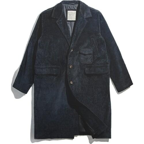 Cargo Autumn Winter Trench Velvt Men Woolen Coat Corduroy Vintage Windbreaker V-neck Turn-down Collar Solid Pocket Jacket