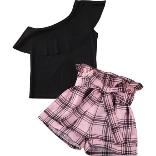 2-7Y Baby Girls Clothes Sets Girl One Shoulder Ruffles T Shirts Newbron Tops Toddler Plaid Print Bow Shorts 2pcs
