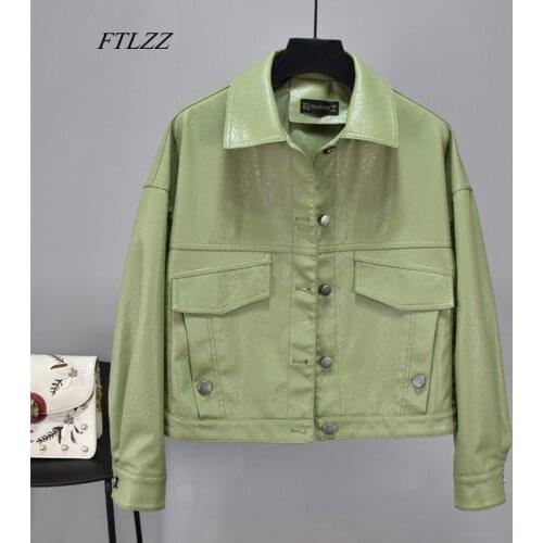 FTLZZ Women Green Faux Leather Jacket Batwing Sleeve Biker Coat Short Single Breasted Pu Motorcycle Loose Jacket Outerwear