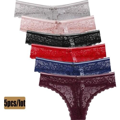 LEVAO 5Pcs/Lot Ladies Transparent Low Waist Panties Women Bow Sexy T-Back Thong Lingerie Female Lace Underwear G-String
