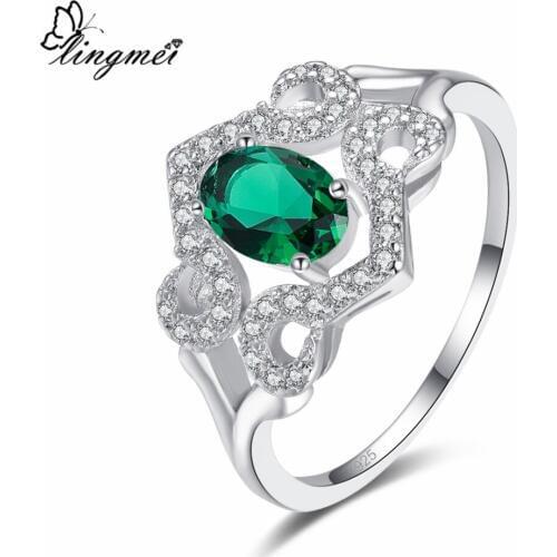 Lingmei New Comes Luxury Gorgeous Gift Jewelry Oval Cut Green & Blue & White Zircon Ring Silver Color Jewelry For Women Size 6-9