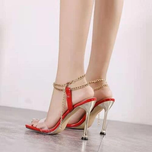 LLOGAI Vogue Design Metal Chain Decoration PVC Transparent Open Toe Ladies Sandals Ankle Buckle Metal Heel Women Party Shoes
