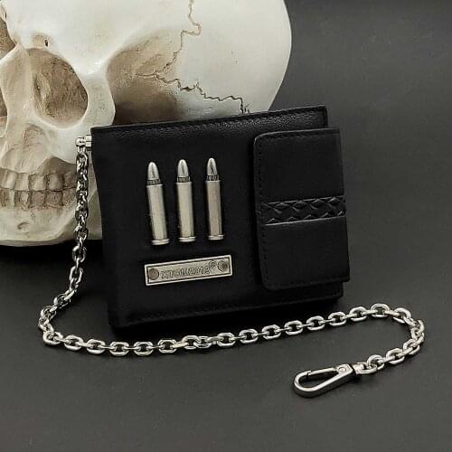 Mens Leather Wallet Purse with Chain Punk Biker Bullet Wallet