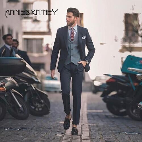ANNIEBRITNEY Black 3 Piece Slim Fit Men Formal Suit Set With Grey Vest 2020 Groom Wedding Tuxedo Prom Wedding Men Cutsom Suit