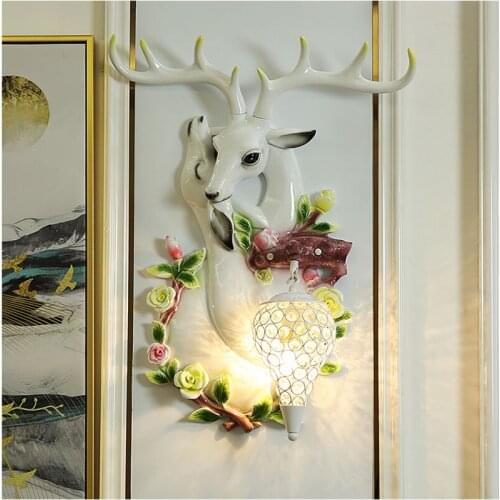 Lucky Antler wall lamp Nordic Living Room TV Background Crystal Wall Light Bedside Creative Bar decorations Deer Head Wall Light
