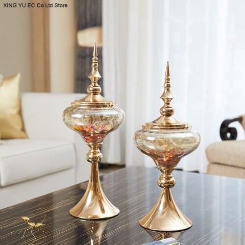 Neoclassical Home Decoration Decoration European-style Golden Candy Jar with Lid Storage Jar Glass Crafts Desktop Decoration