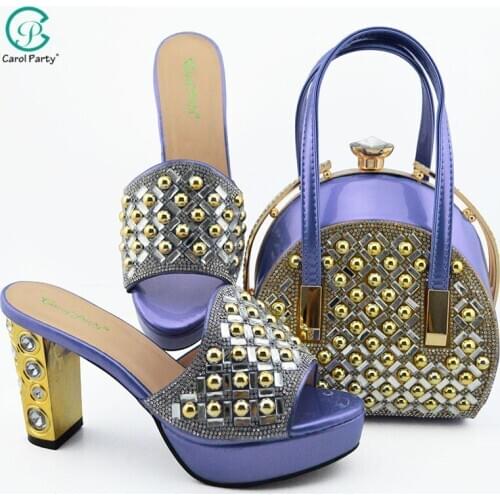 New Violet Color High Heel Matching Ladies Shoes and Bag Set for Nigerian Party Italian design Women Shoes and Bag Set