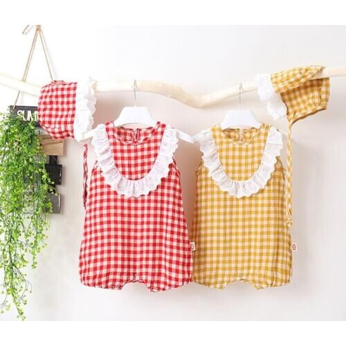 2020 New Summer Fashion Plaid Infant Baby Rompers with Hat Sleeveless Lace Vintage Newborn Girls Jumpsuit One-piece