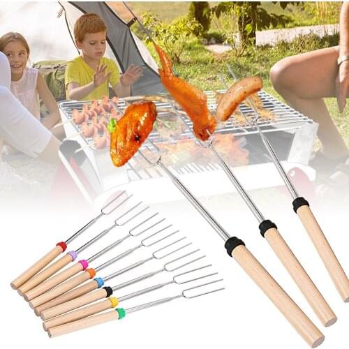 Marshmallow Roasting Sticks with Wooden Handle Extendable Forks Telescoping Skewers for Campfire Firepit and Sausage BBQ 8pc